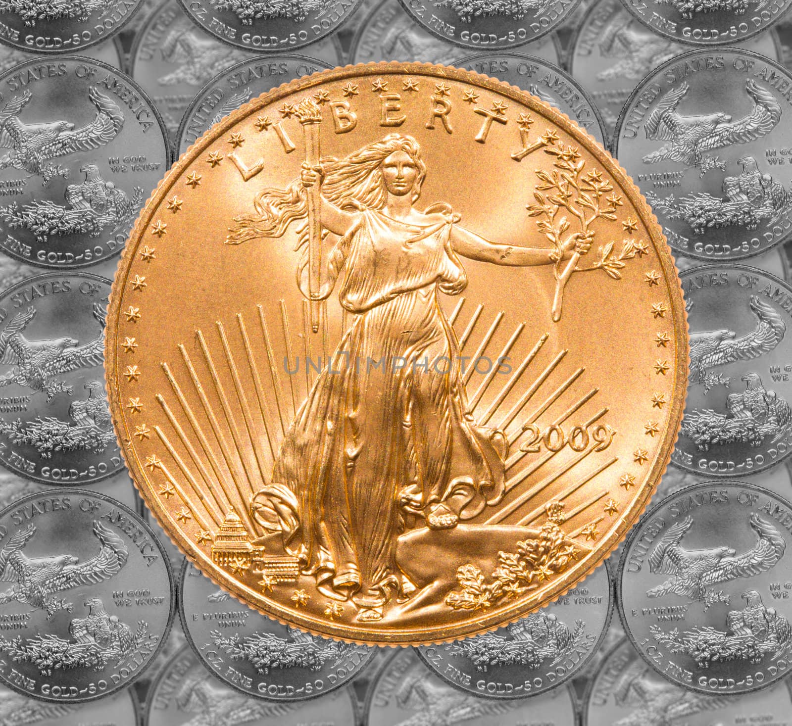 Black and white rendition of Gold Eagle one ounce coins in a patterns and stacked on each row with a single Liberty coin on the top