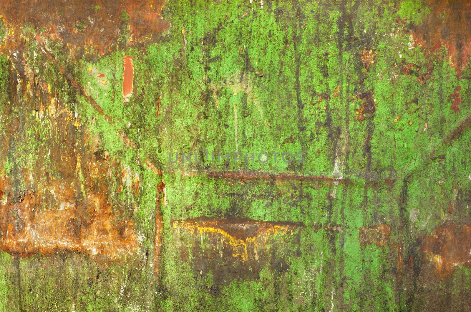 Rust on dirty old green painted metal surface. Grunge background.