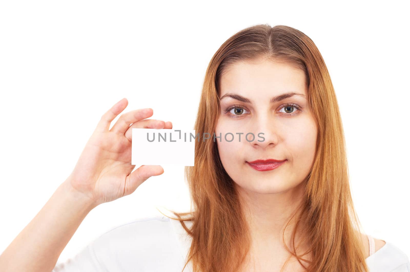 Pretty girl in white shows the business card