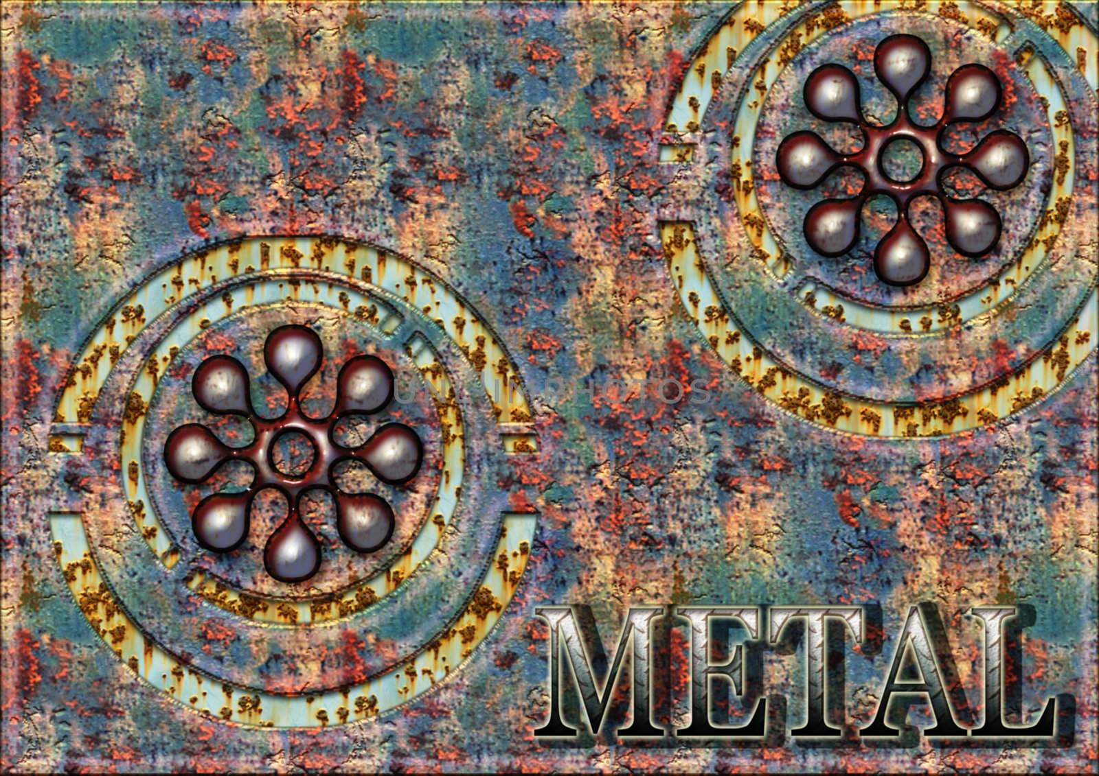 great creative abstract color rich textured image of old metal parts and inscription METAL.