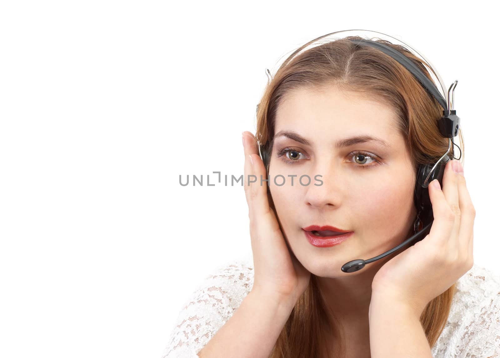 techsupport girl is talking on the phone using headset