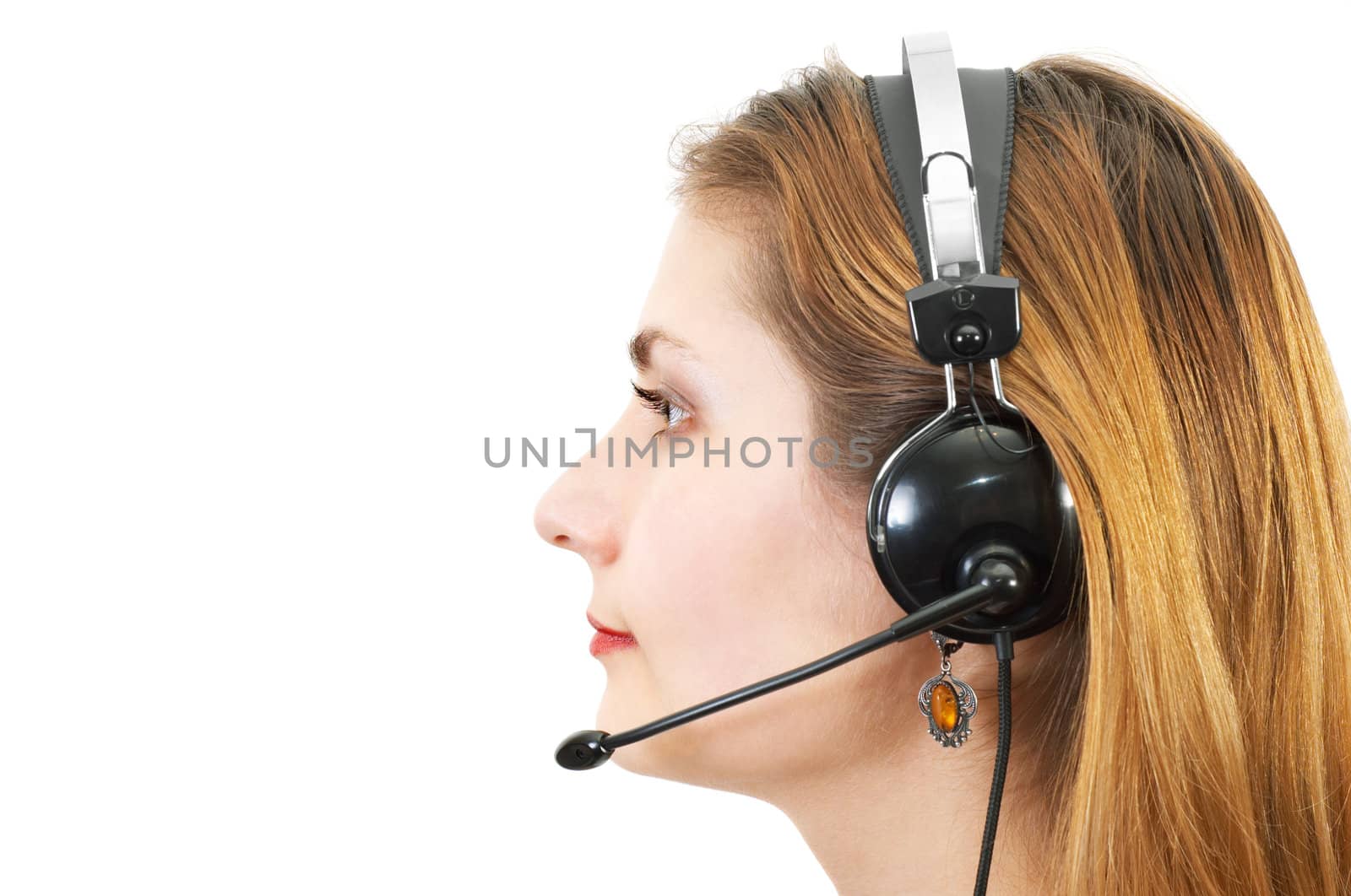 sideview headshot of techsupport girl with headset