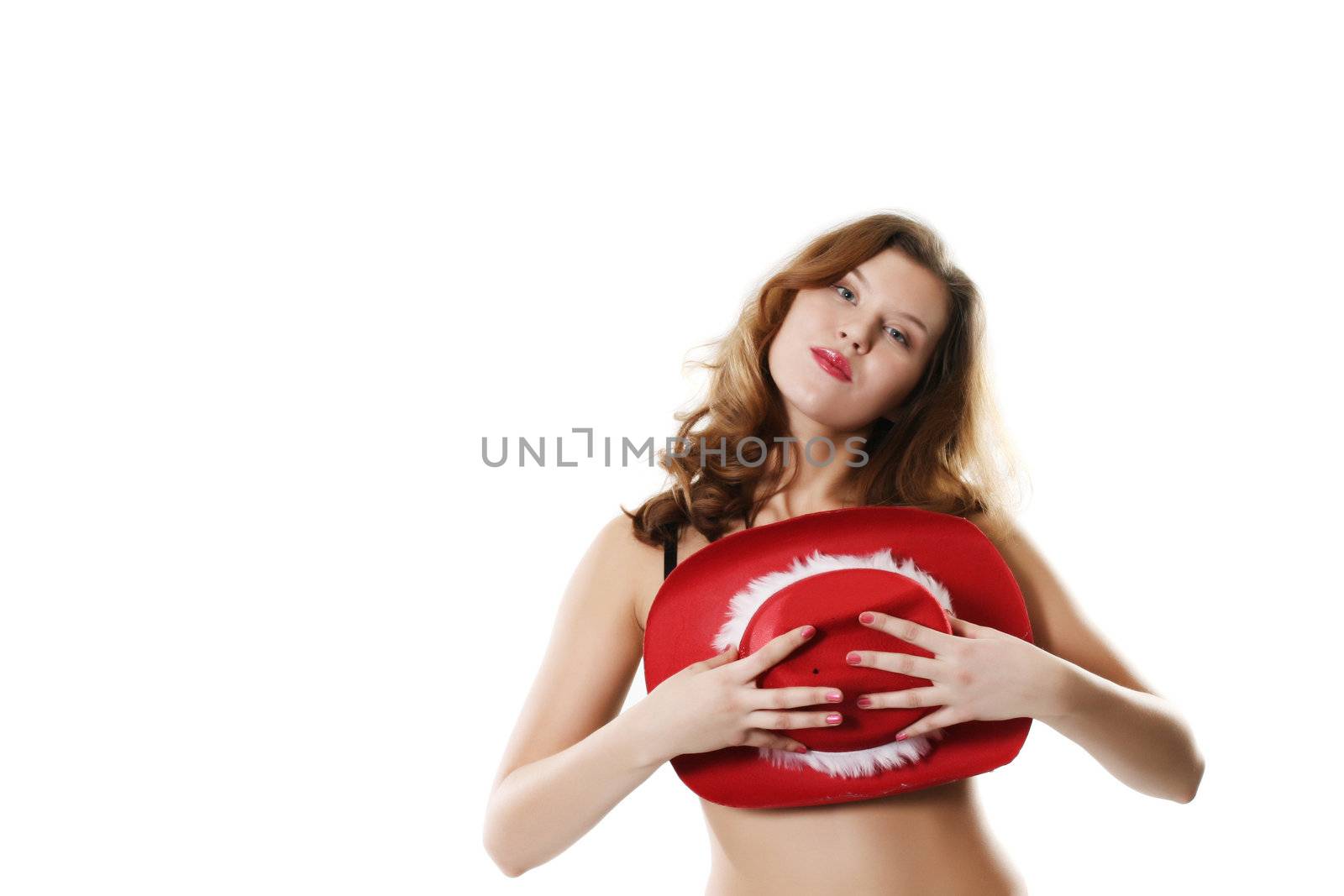 The sexual girl is covered with a red hat