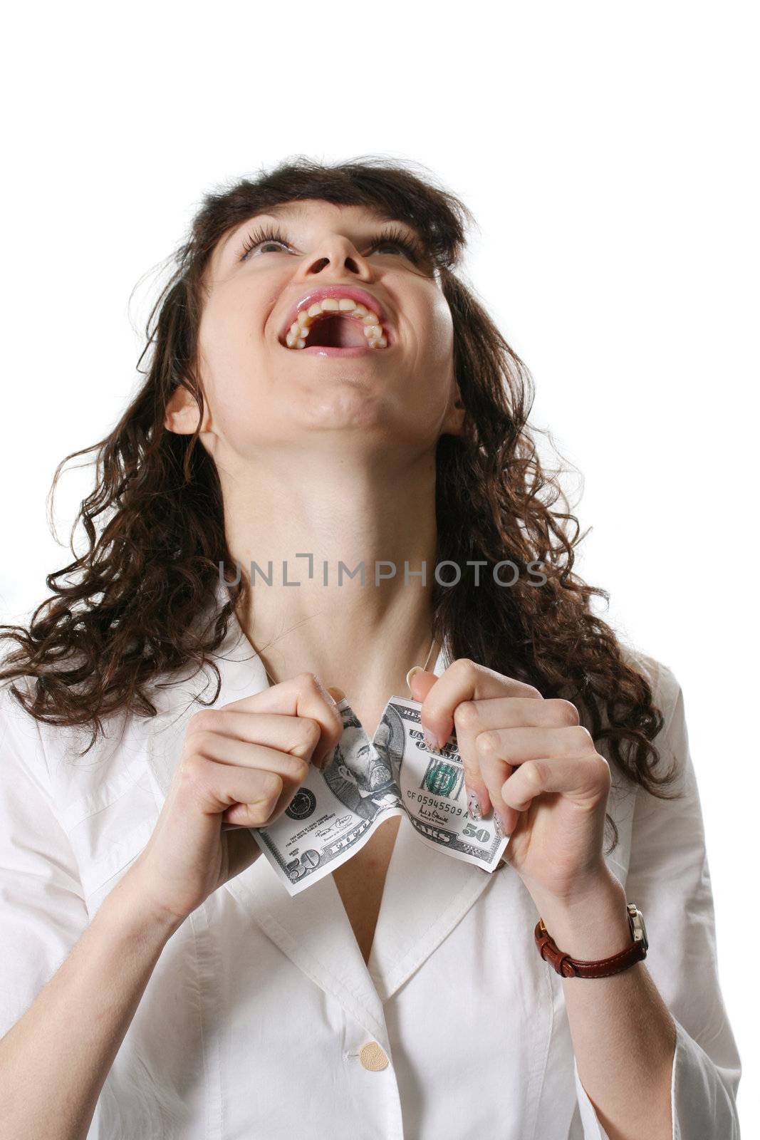 The nice woman tears 50 dollar denomination