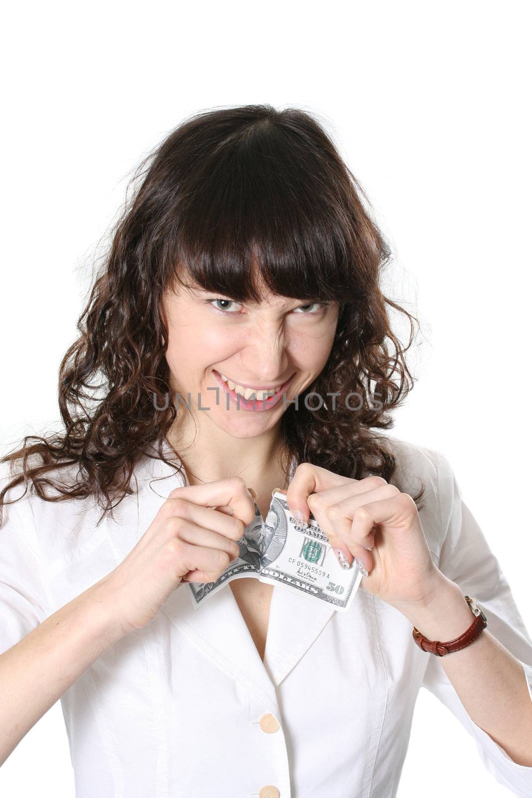 The nice woman tears 50 dollar denomination