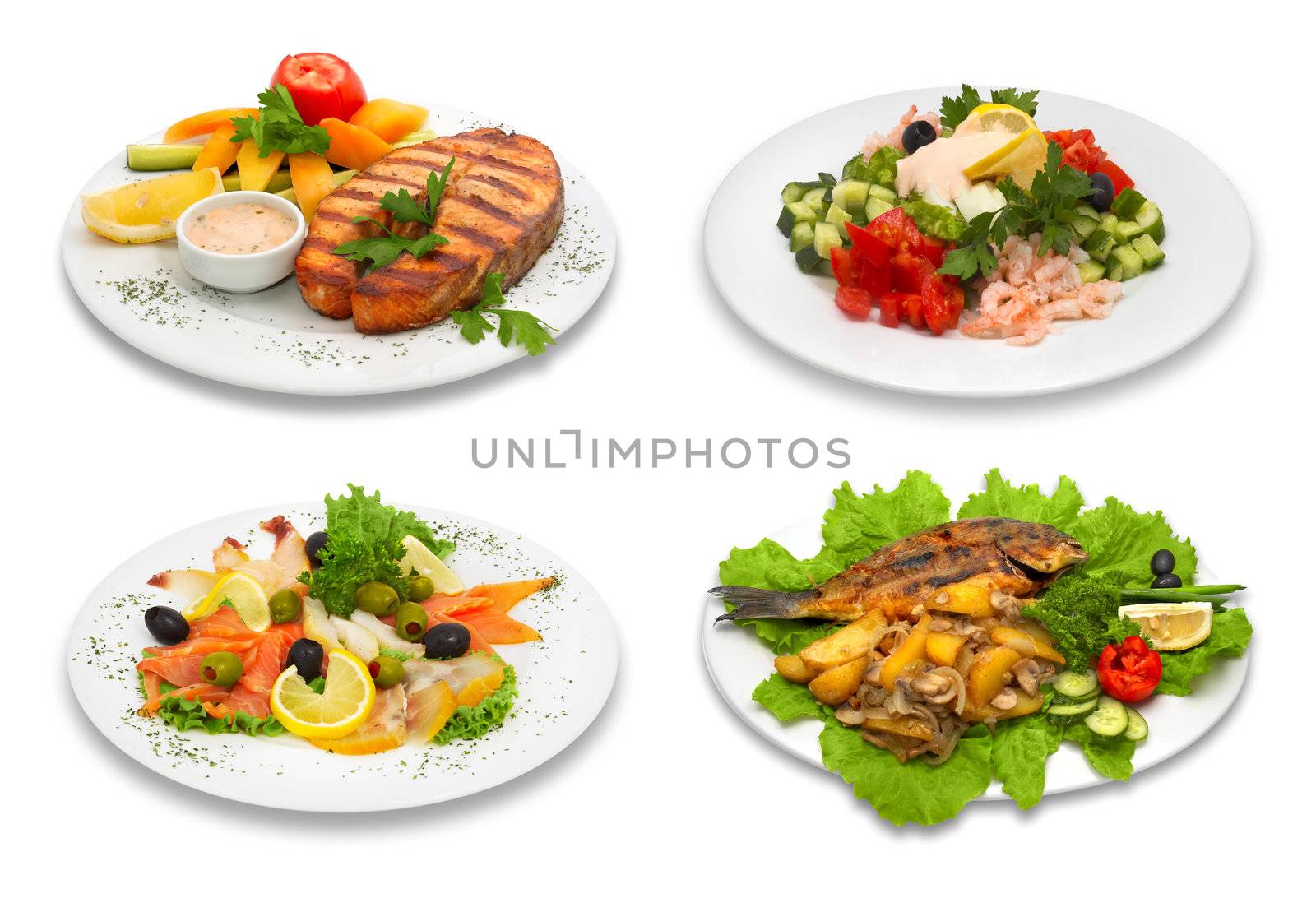 Four fish dishes. This image was created using four different shots.