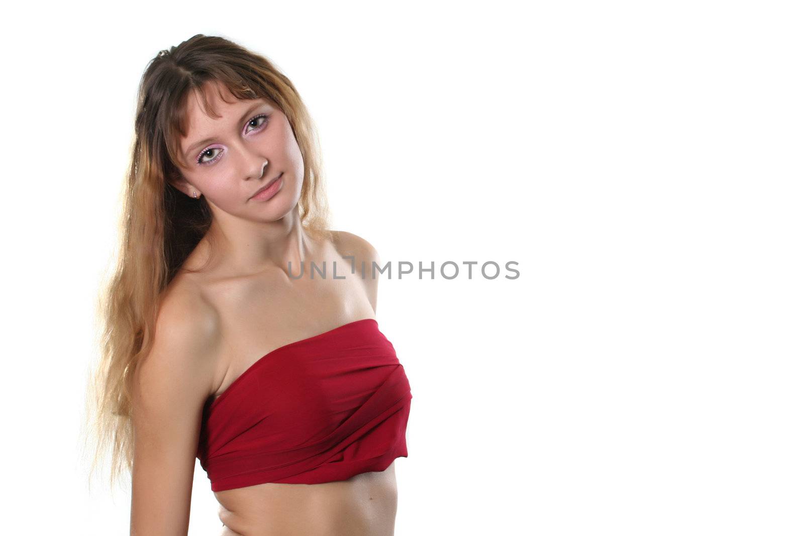 The naked attractive girl is covered by a red scarf