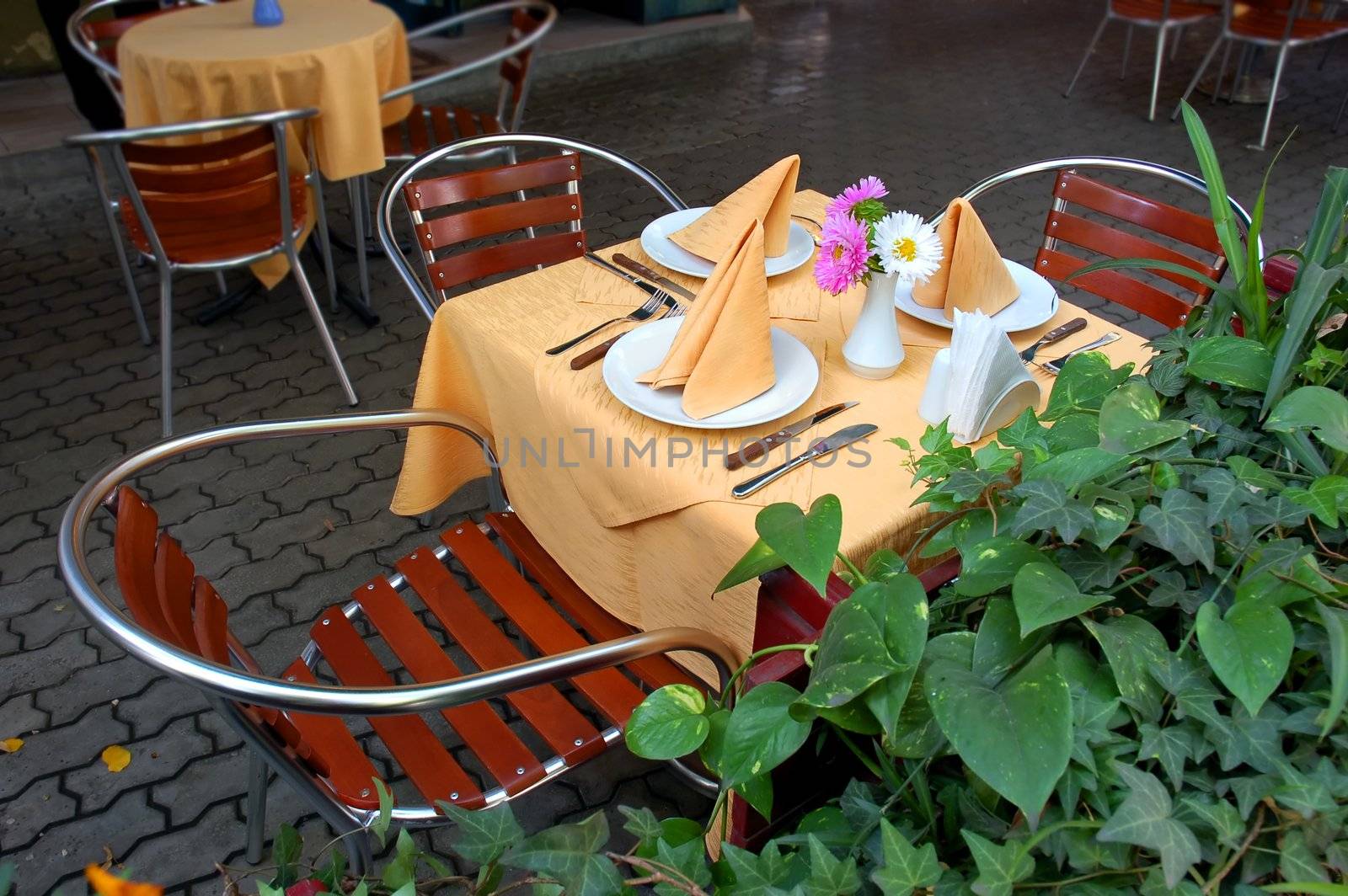 Empty restaurant outdoor terrace tables waiting for new customers