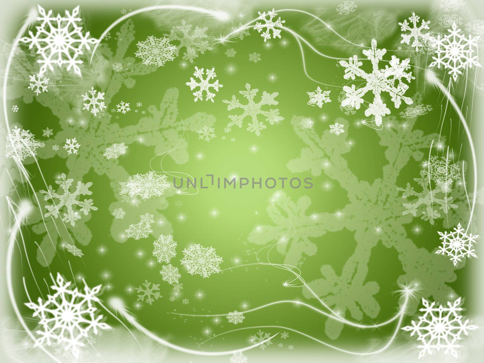 white snowflakes over green background with feather corners