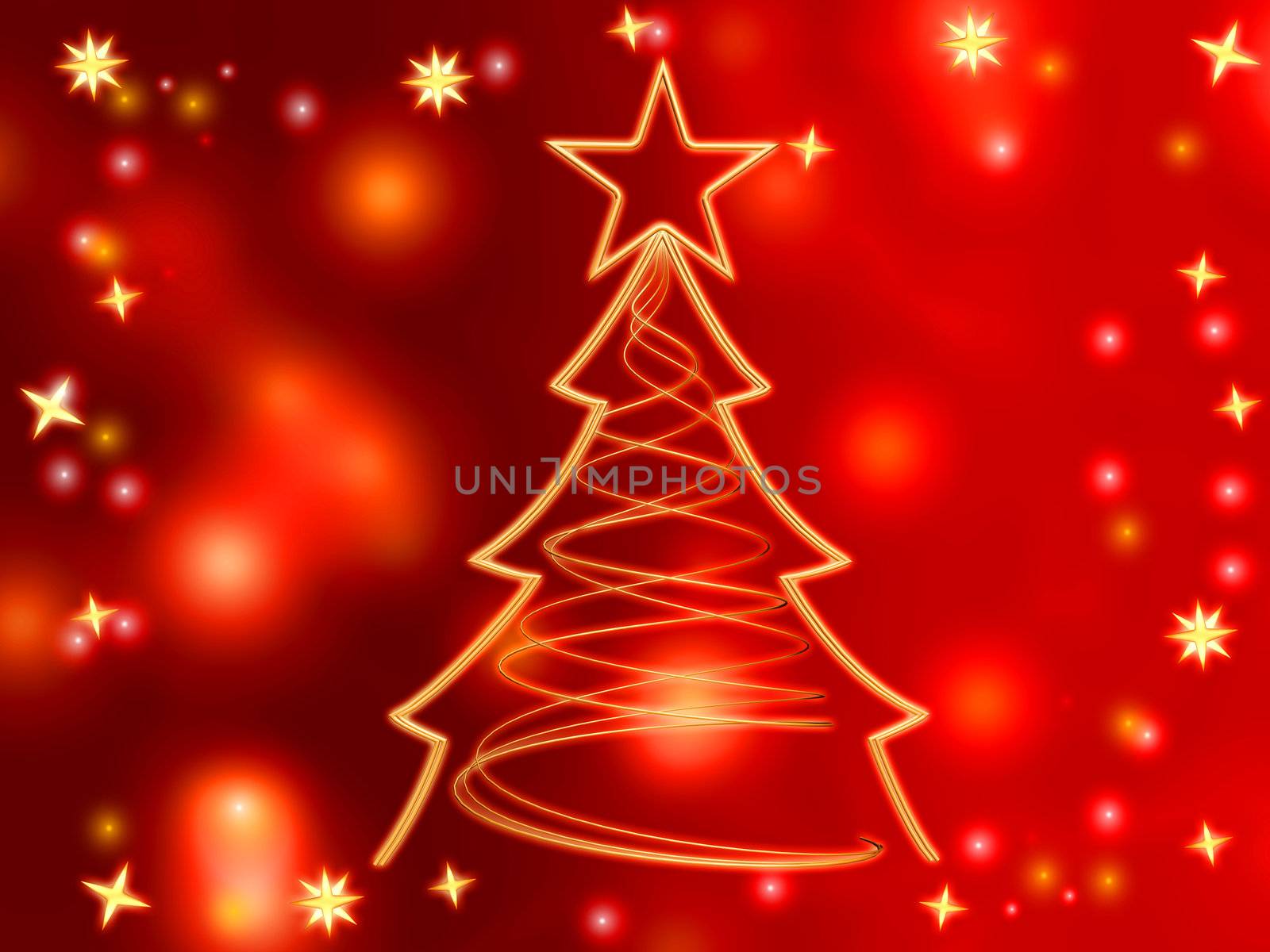 golden christmas tree with gold stars and lights over red background

