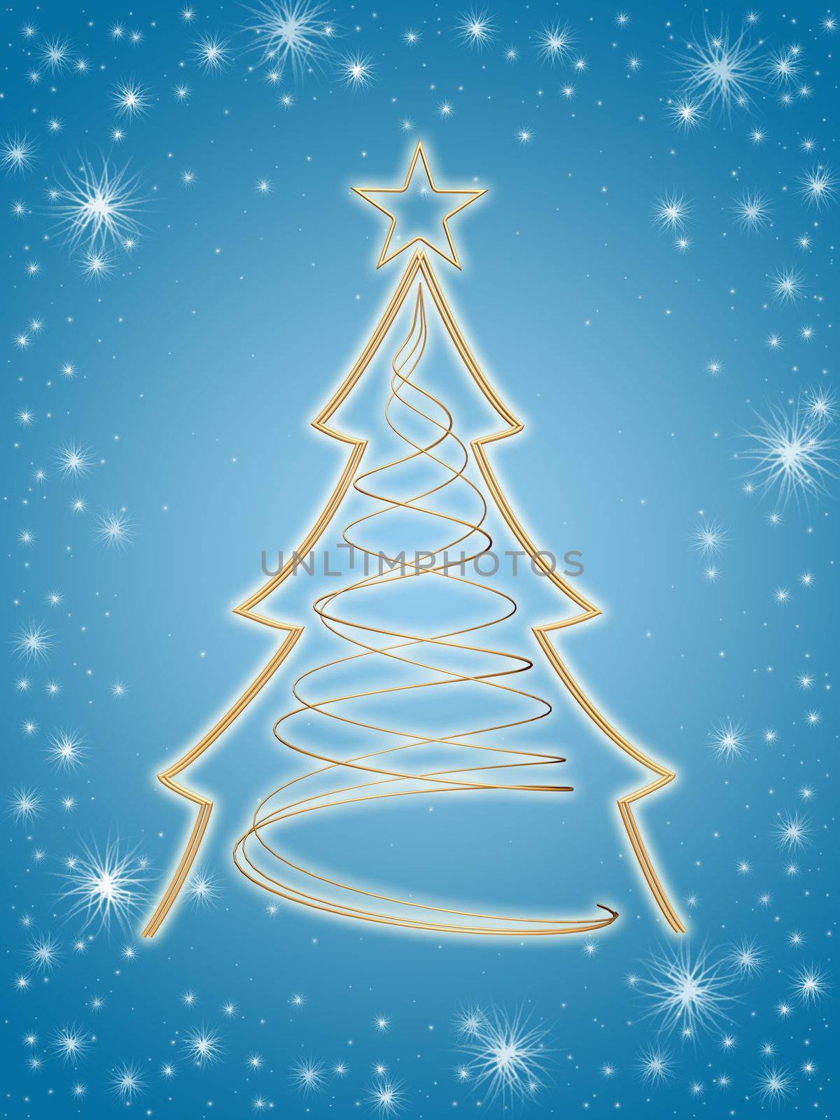 golden 3d christmas tree with gold stars and white lights over blue background
