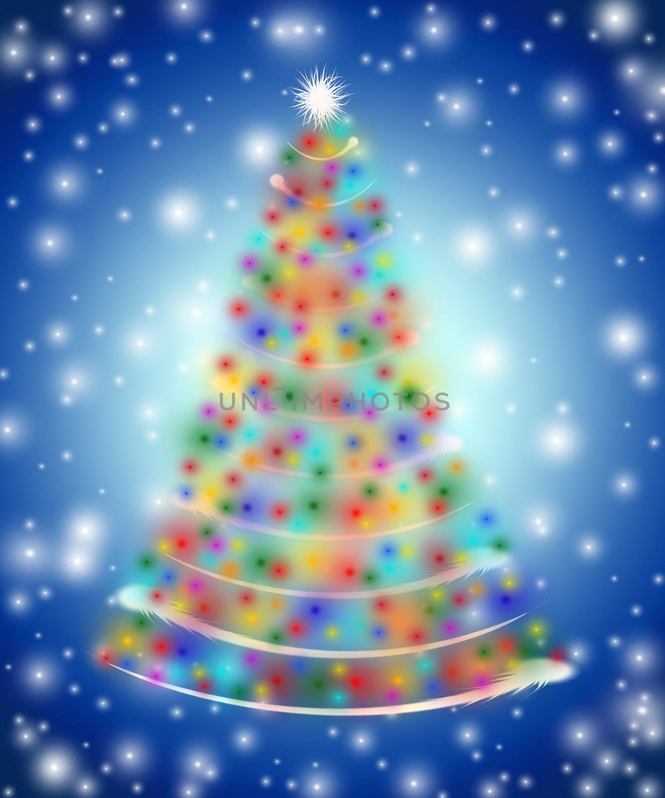 christmas tree drawn by white, red, yellow, orange, pink, violet, green and blue lights 
