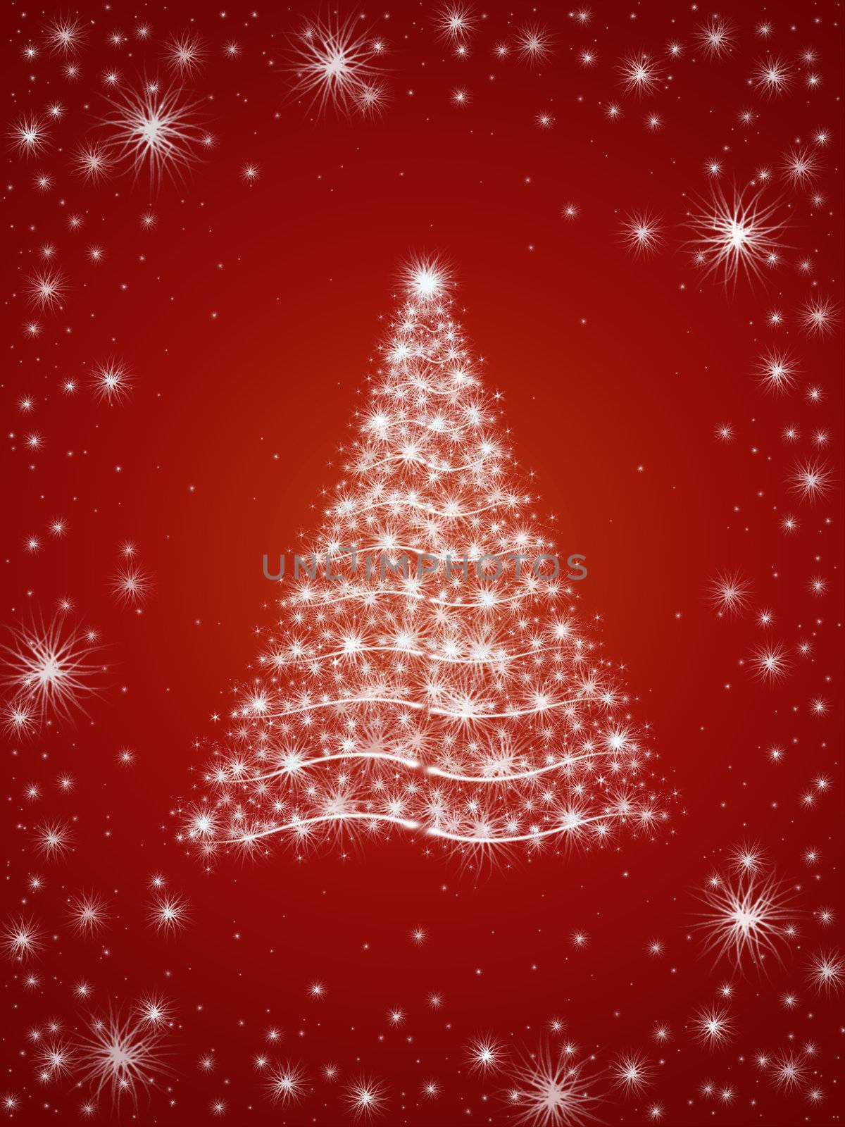 christmas tree drawn by white lights over red background 
