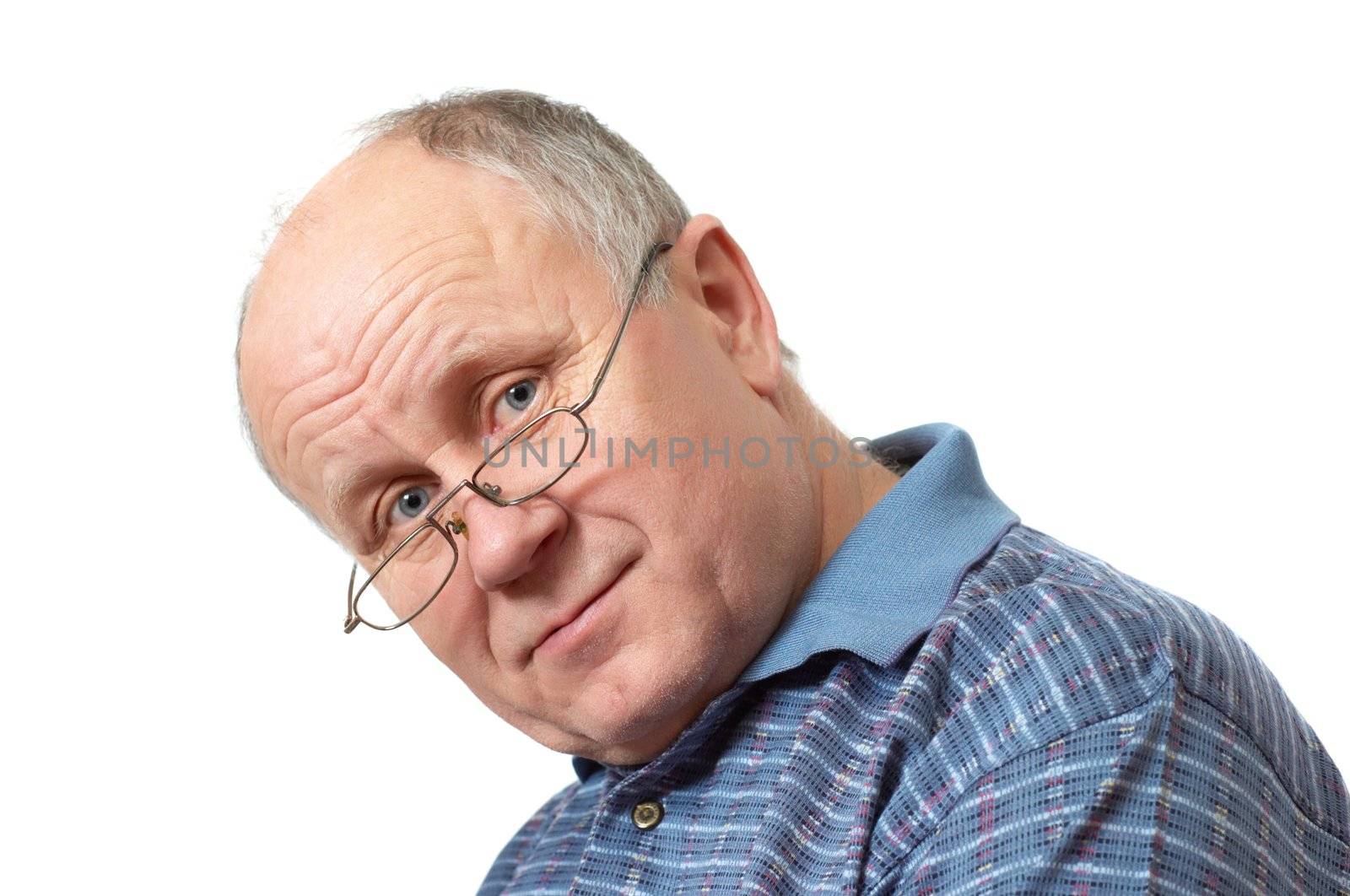 Bald senior man with glasses. Emotional portraits series. Isolated on white.