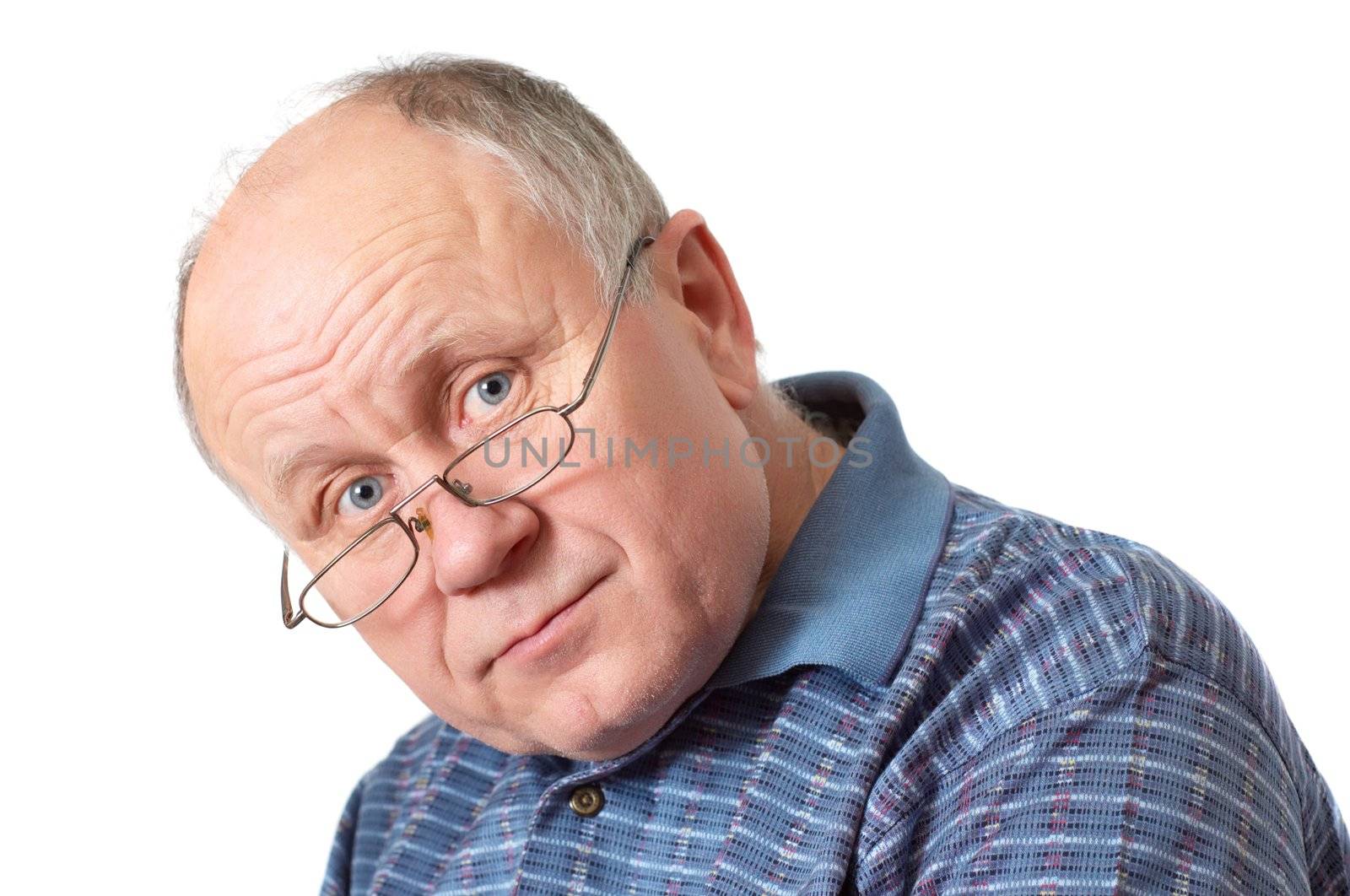 Bald senior man with glasses. Emotional portraits series. Isolated on white.