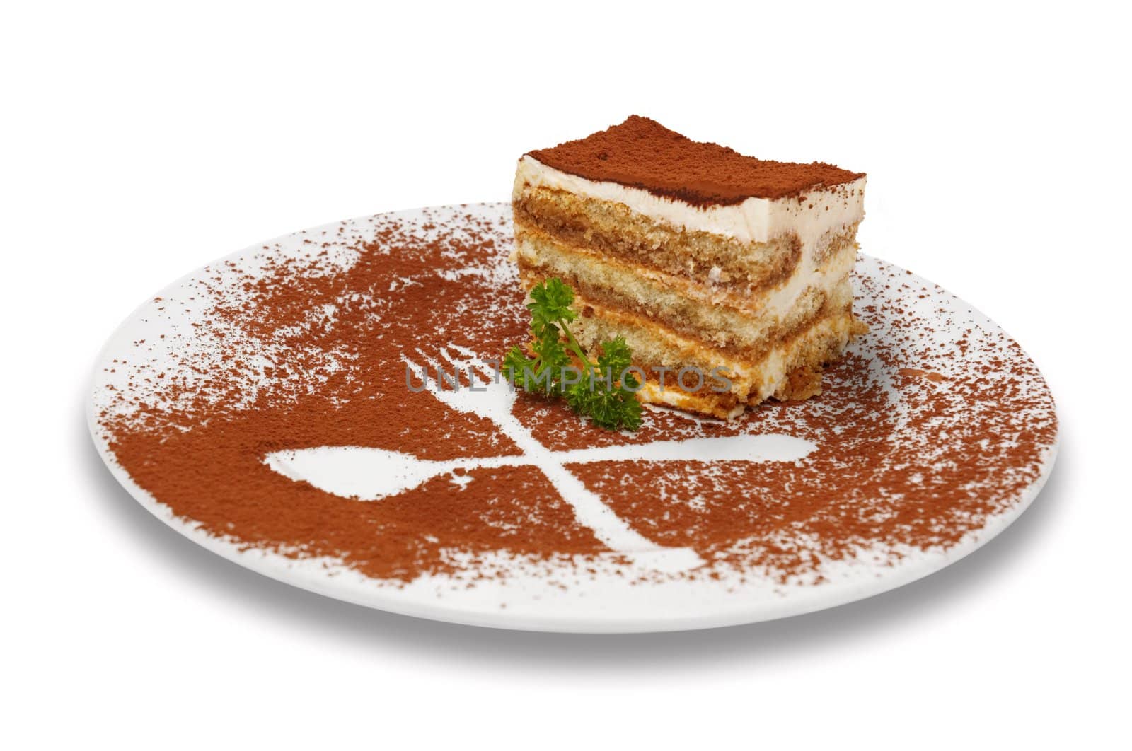 tiramisu dessert served on plate with cpecial decoration. isolated.