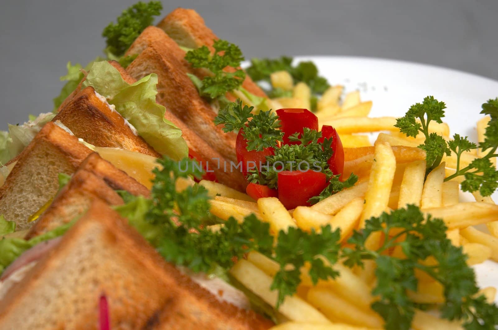 tasty juicy club sandwich with french fries