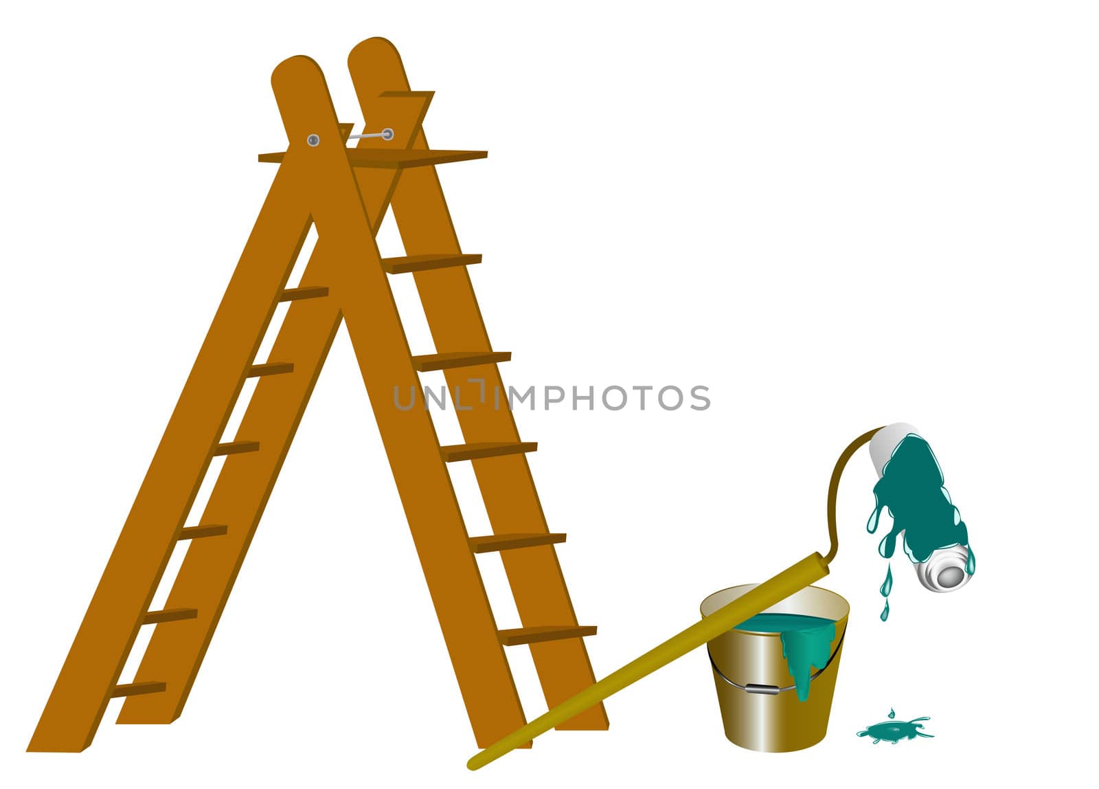 Bucket with a paint, the painting tool and a ladder your reliable assistants in any repair office and premises