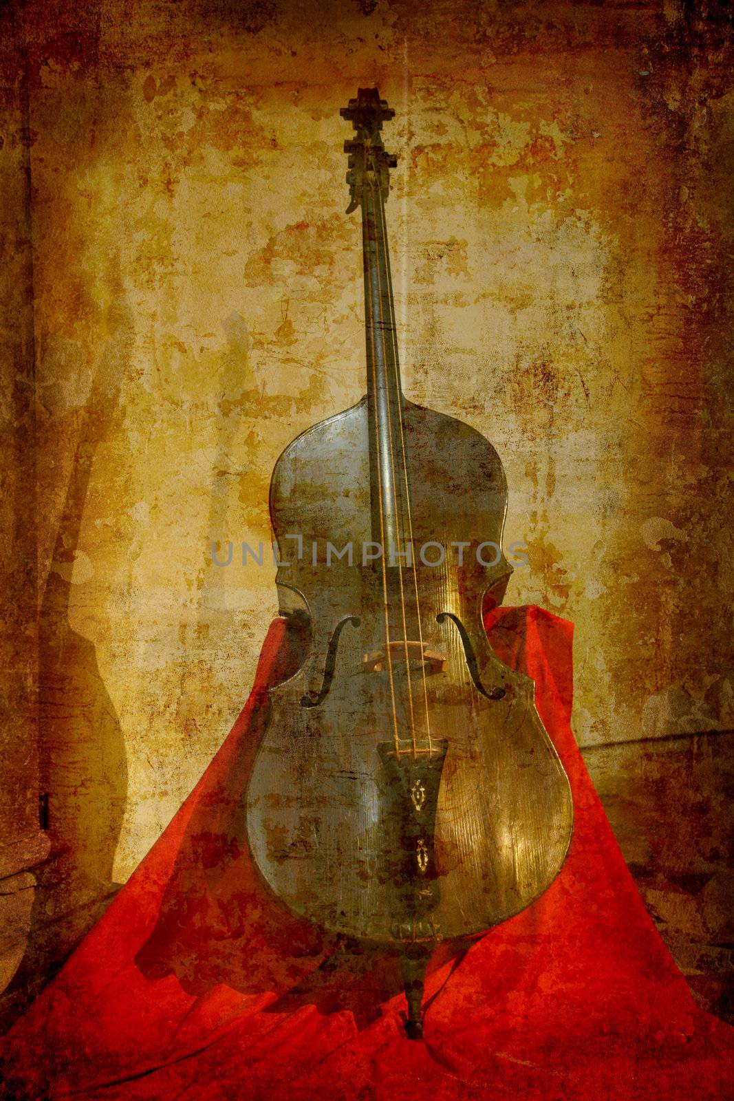 Artistic work of my own in retro style - Postcard from Italy. - Double bass built in Brecia about 1650.