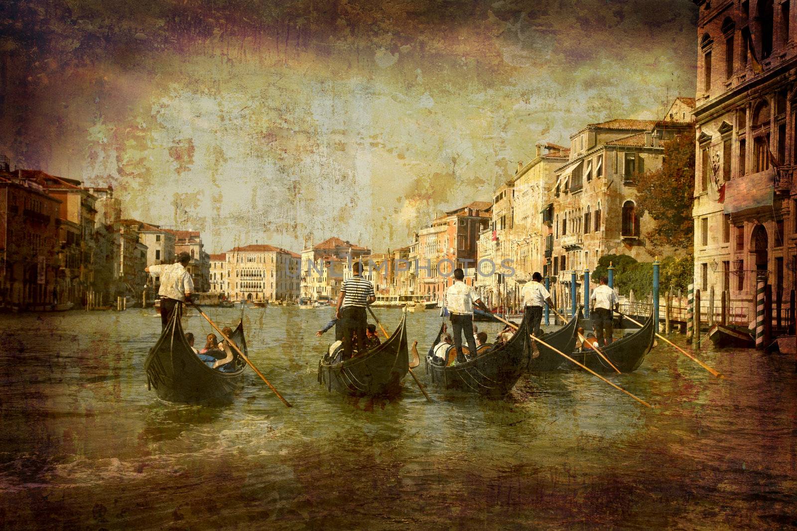 Artistic work of my own in retro style - Postcard from Italy. - Gondolas Grand Canal - Venice