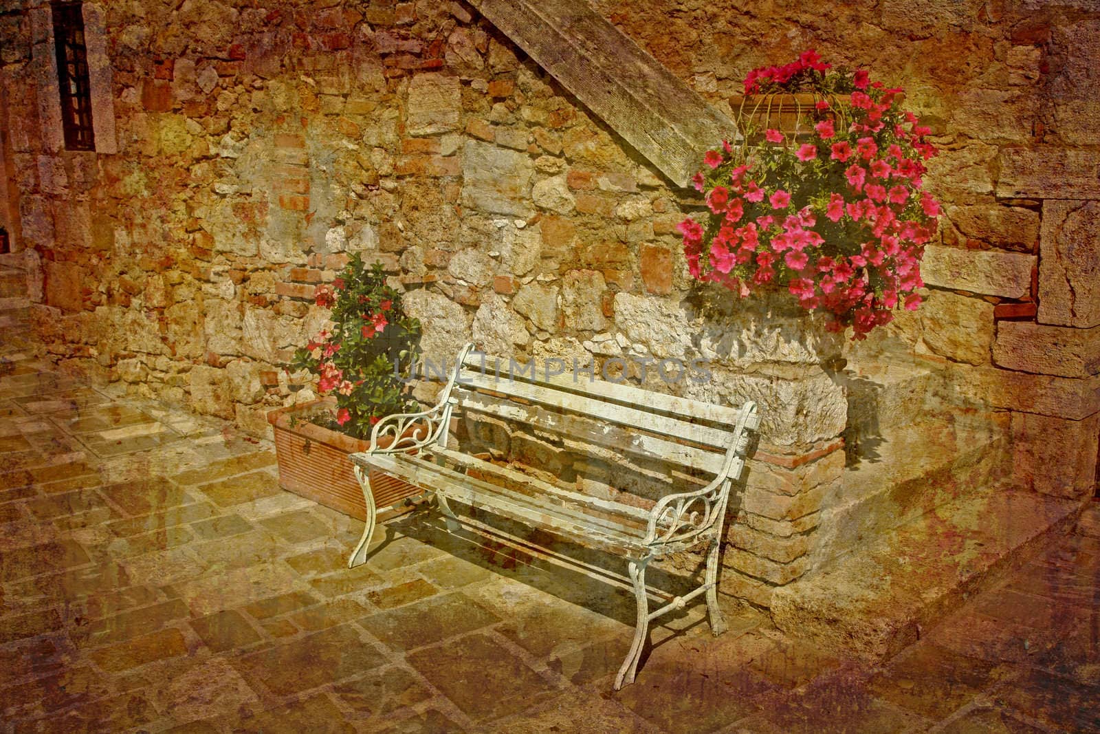 Artistic work of my own in retro style - Postcard from Italy. Old bench - Tuscany.