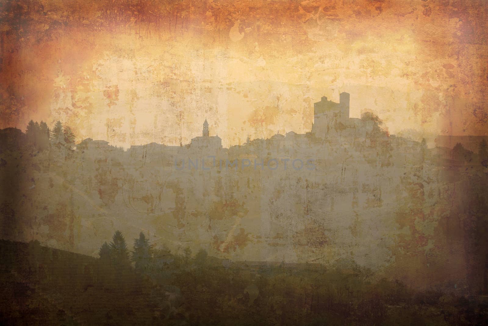 Artistic work of my own in retro style - Postcard from Italy. - Sunset - Piedmont.