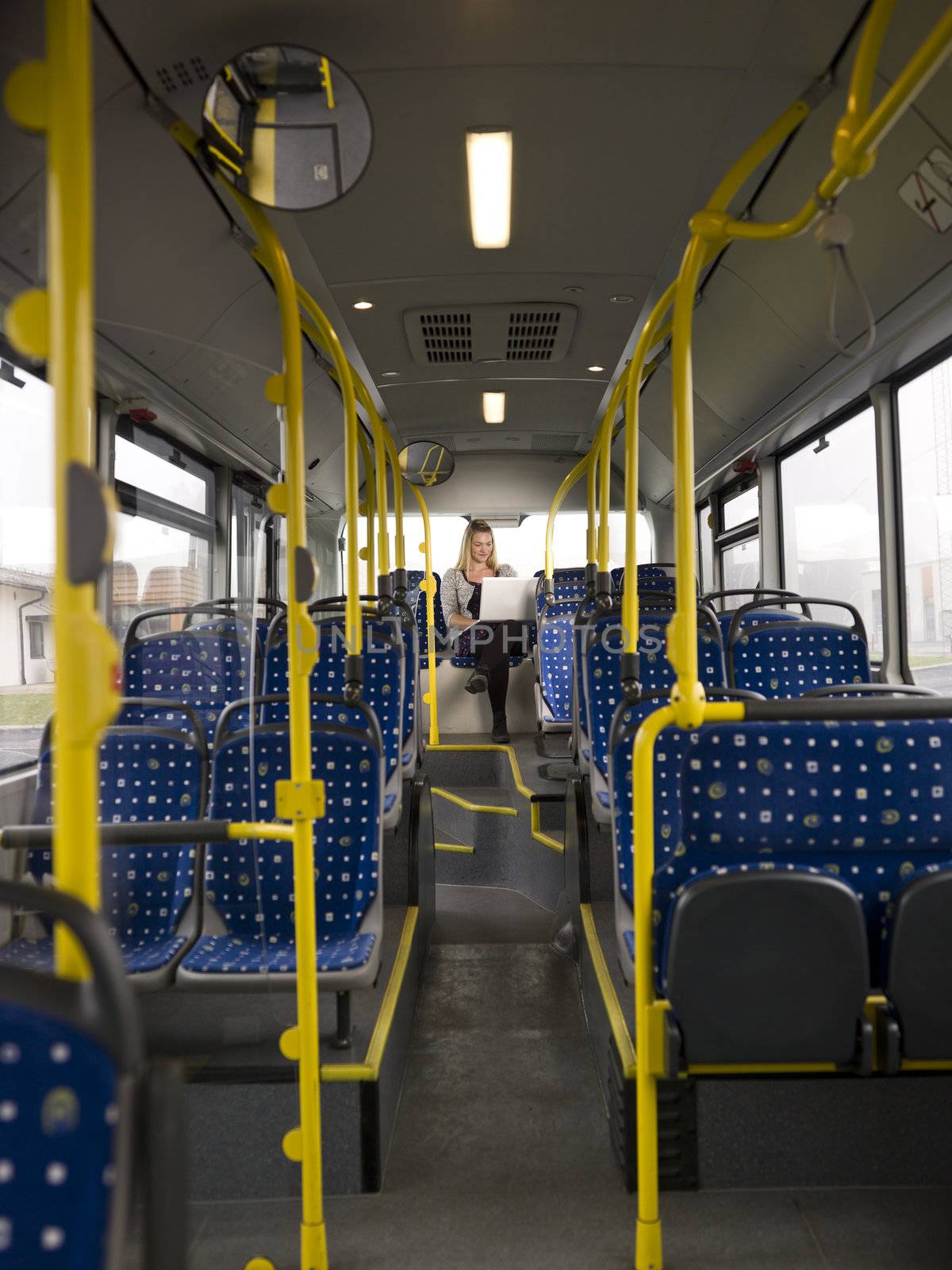 Lonely woman n the bus with a computer