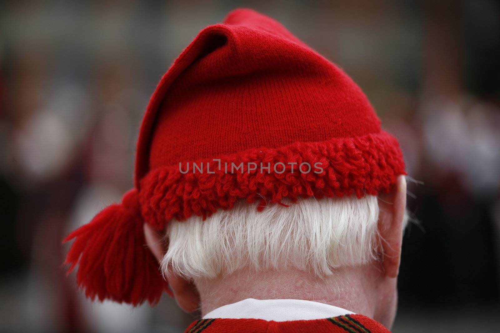 Male folk dancer wit red pixie cap seen from behind.