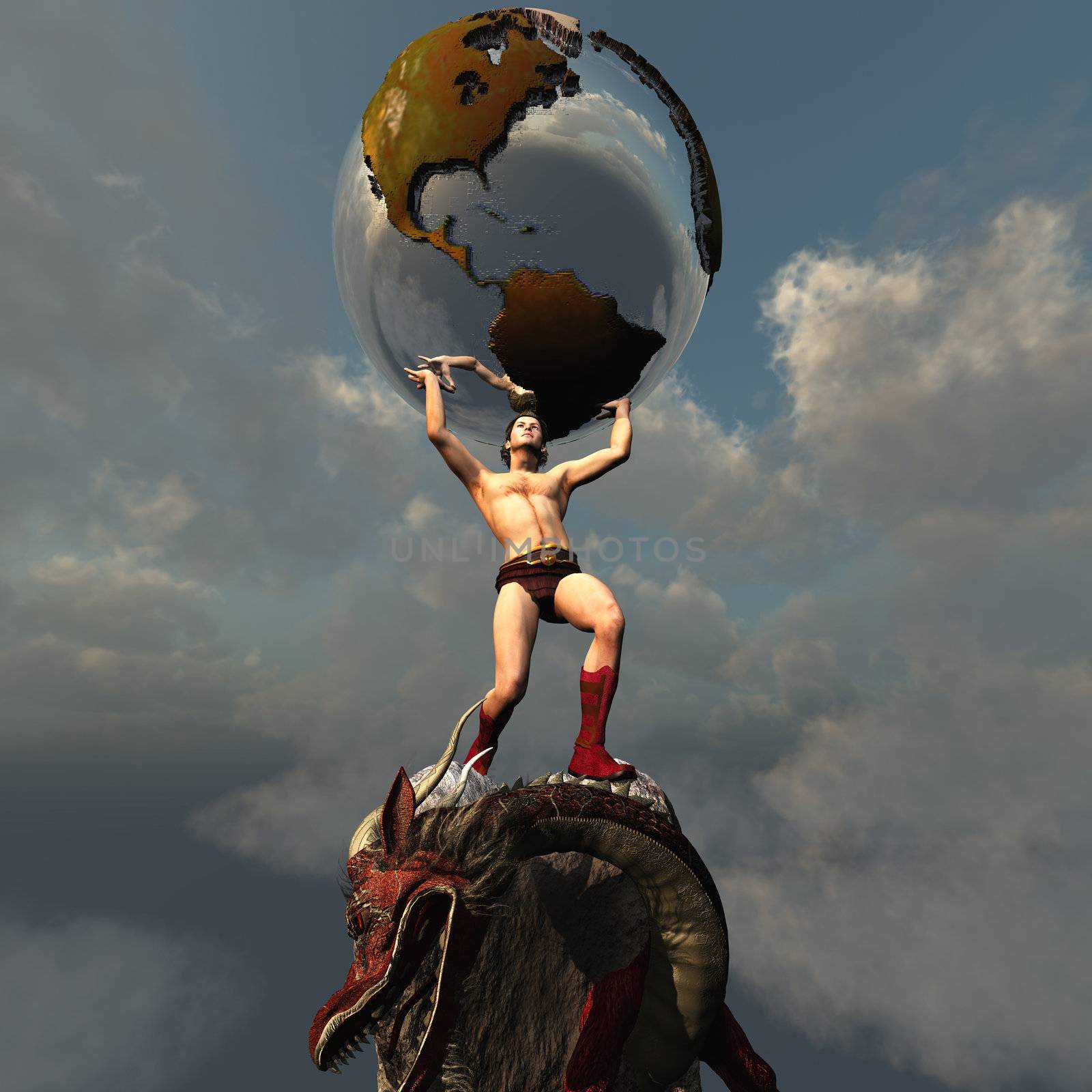 Atlas holds the Earth after he slays the dragon representing the peace and unity in this part of the world.