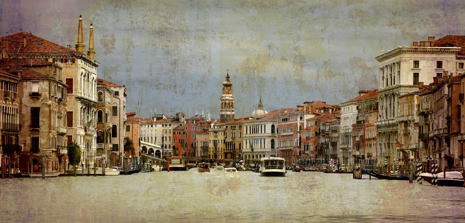 Artistic work of my own in retro style - Postcard from Italy. - Grand Canal  direction Rialto Bridge - Venice. Dramatic sky just before a storm.