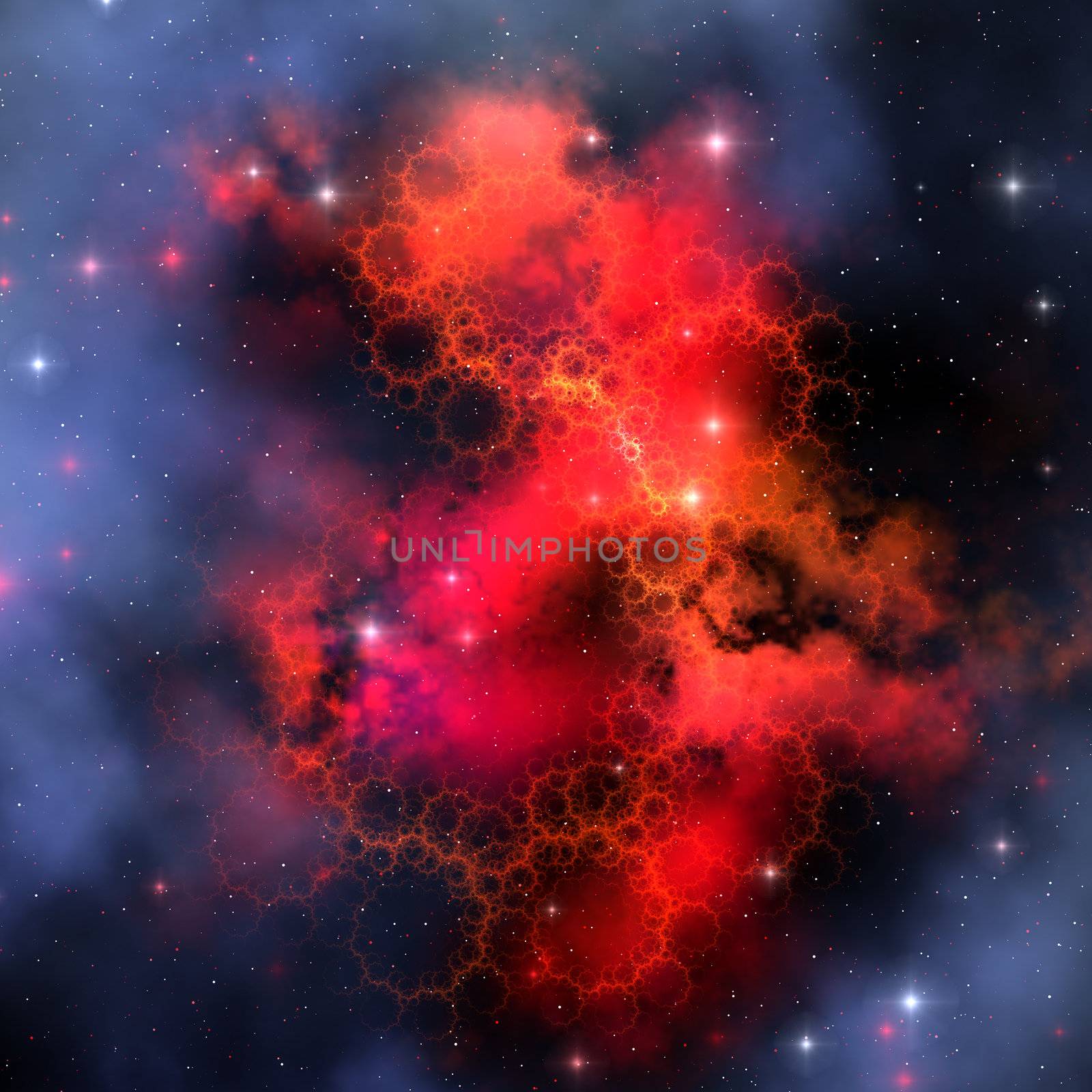 A nebula out in space emits a red signature in all its intertwining filaments.