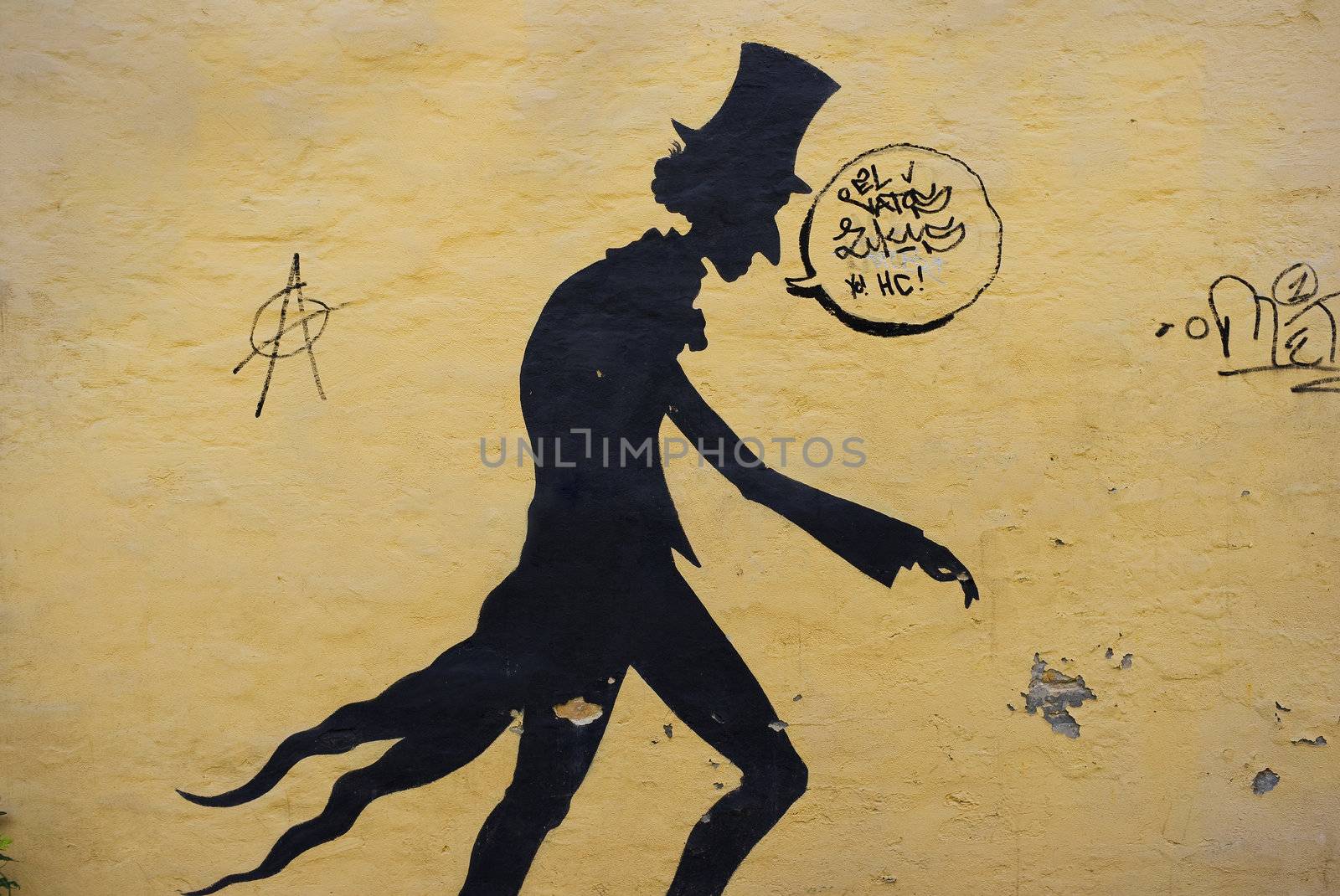 Graffiti caricature of Hans Christian Andersen (1805 - 1875) on urban wall near his museum in Odense, Denmark.