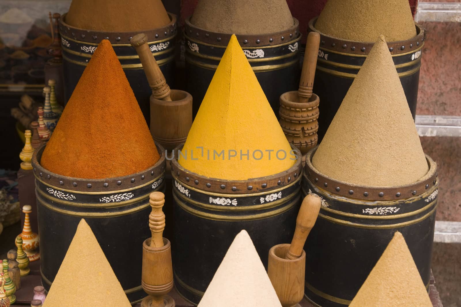 Display of spices on a market stall in the main souk in Marrakesh, Morocco.