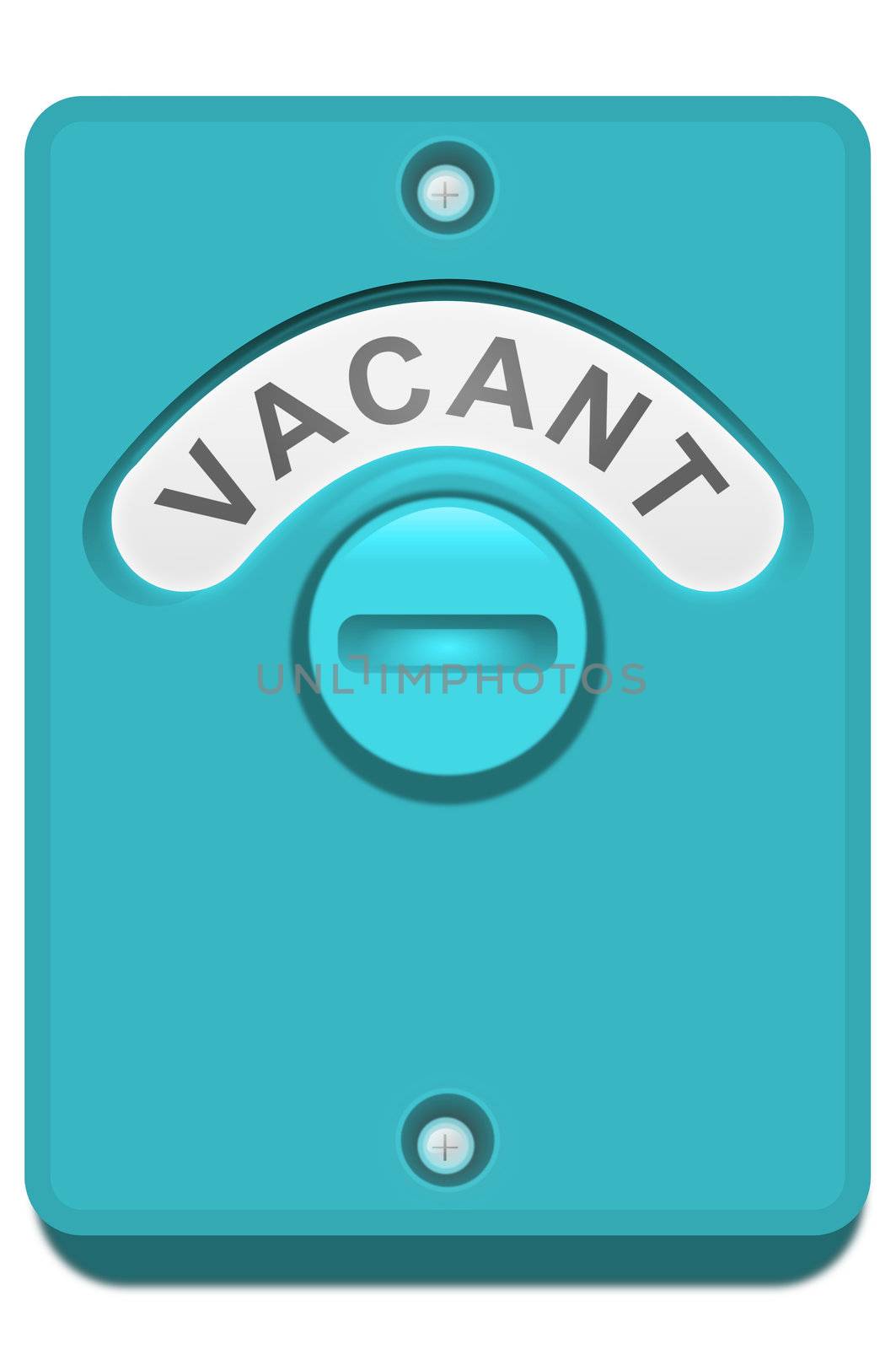 Illustration of a blue toilet door lock with the 'vacant' position showing. White background.