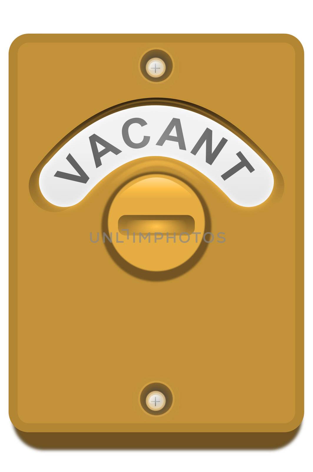Illustration of a bronze toilet door lock with the 'vacant' position showing. White background.