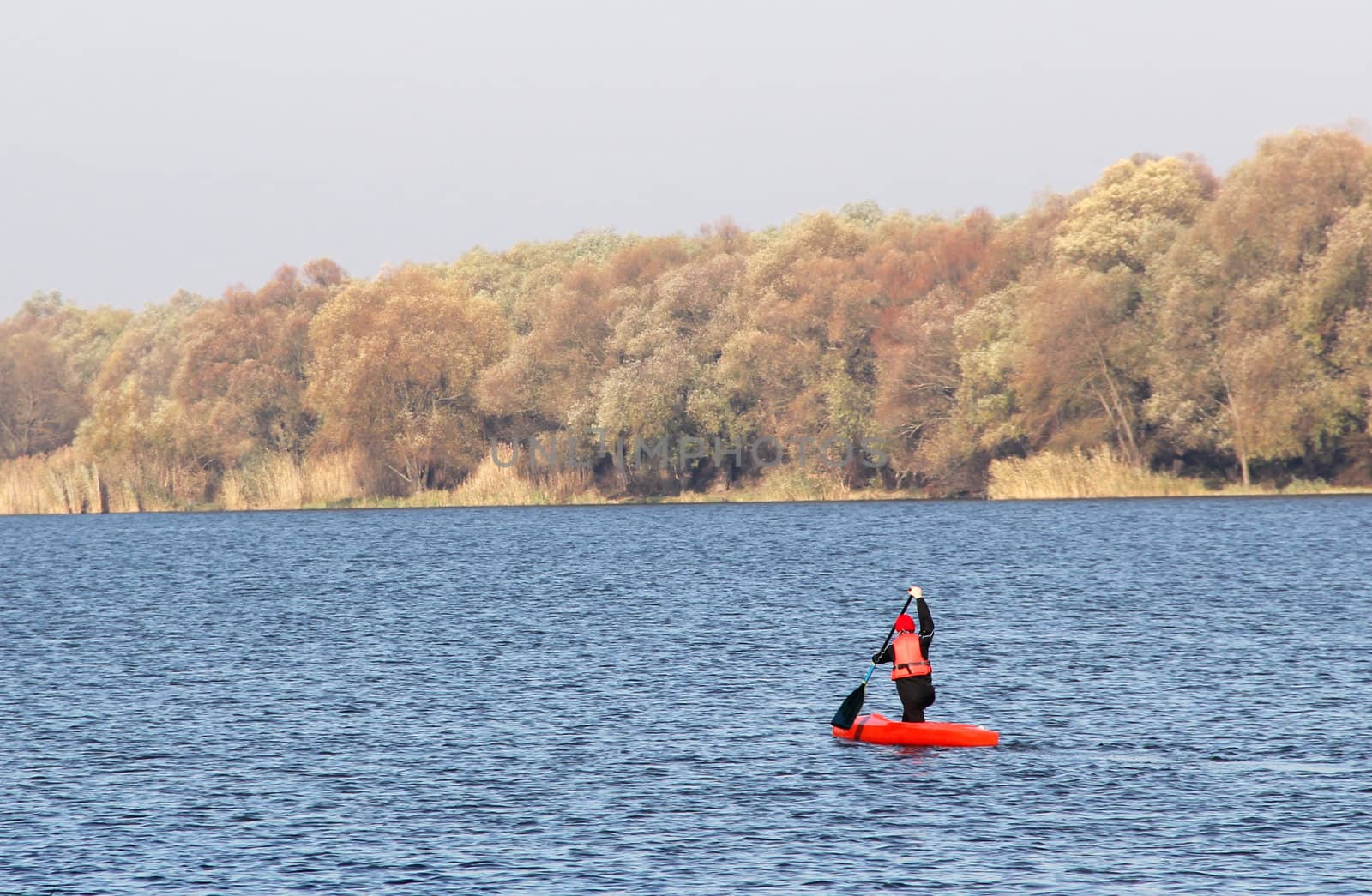 Sportsman in a red canoe. Autumn