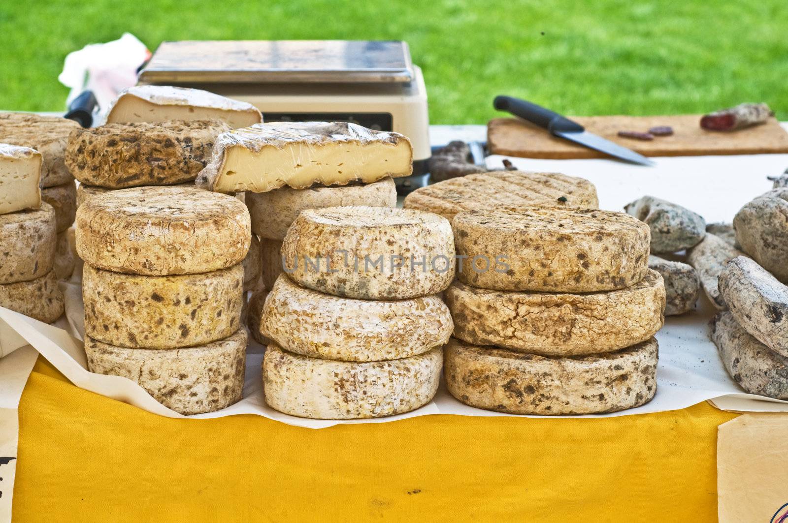 Italian traditional cheese on display at farmer's market