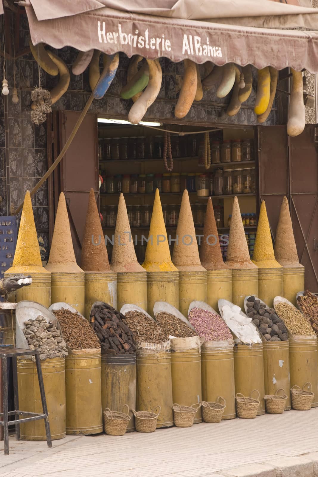 Display of spices outside a shop in the old city of Marrakesh, Morocco