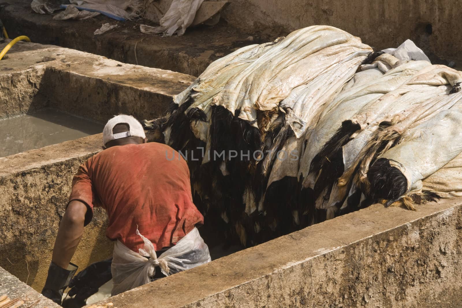 Man working at a traditional tannery in Marrakesh in Morocco