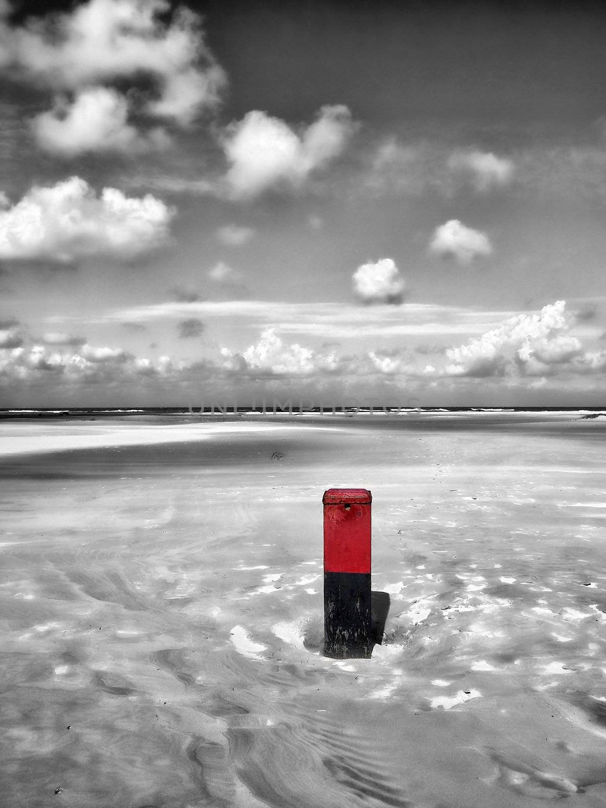 Wooden pole at the Dutch beach b/w and coloured