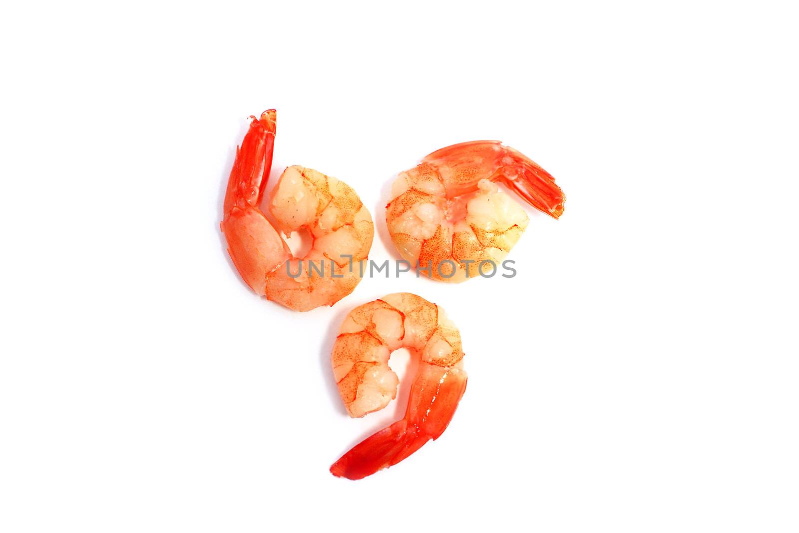 three boiled shrimps isolated on white background