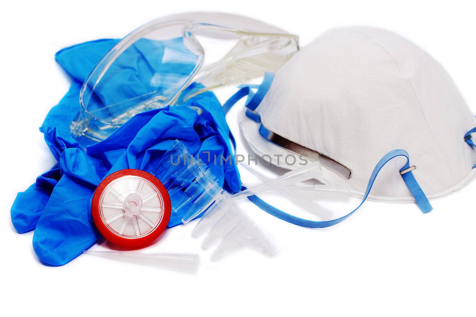laboratory tools: plastic glasses, filter, gloves, antibacterial mask, tubes and tips