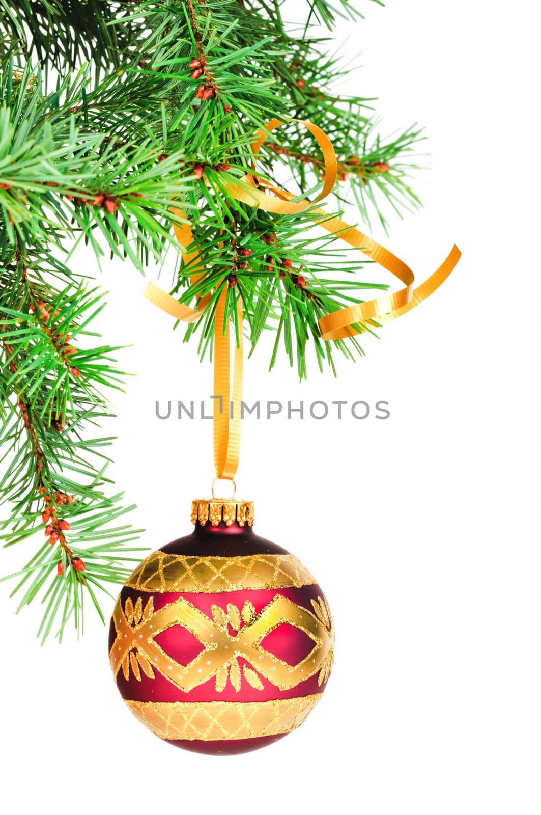 Decorative Christmas ball hangs on the Christmas tree.