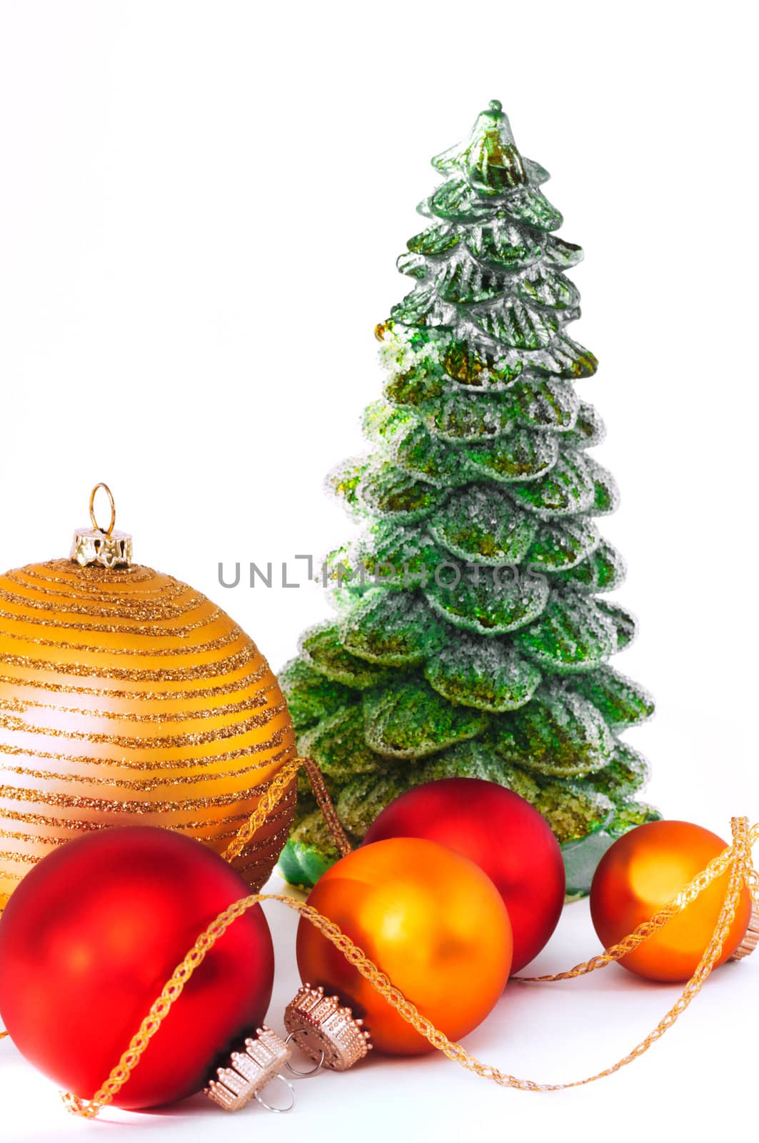 Close up decorative balls and Christmas tree.