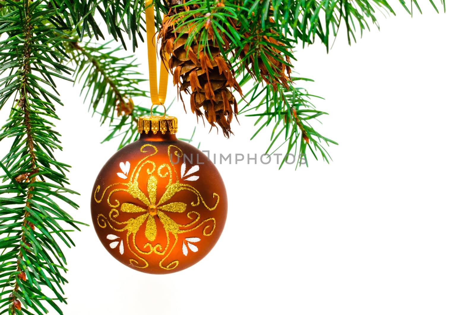 Decorative Christmas ball hangs on the Christmas tree.