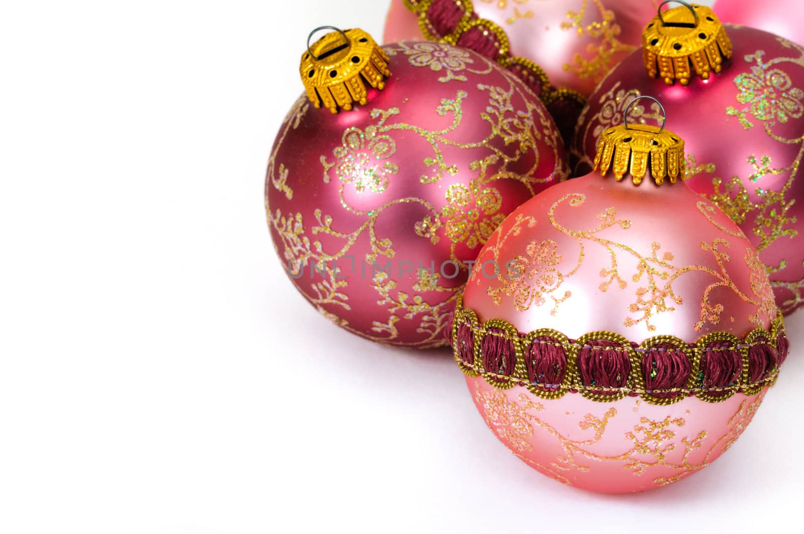 Close up decorative Christmas balls on white background.