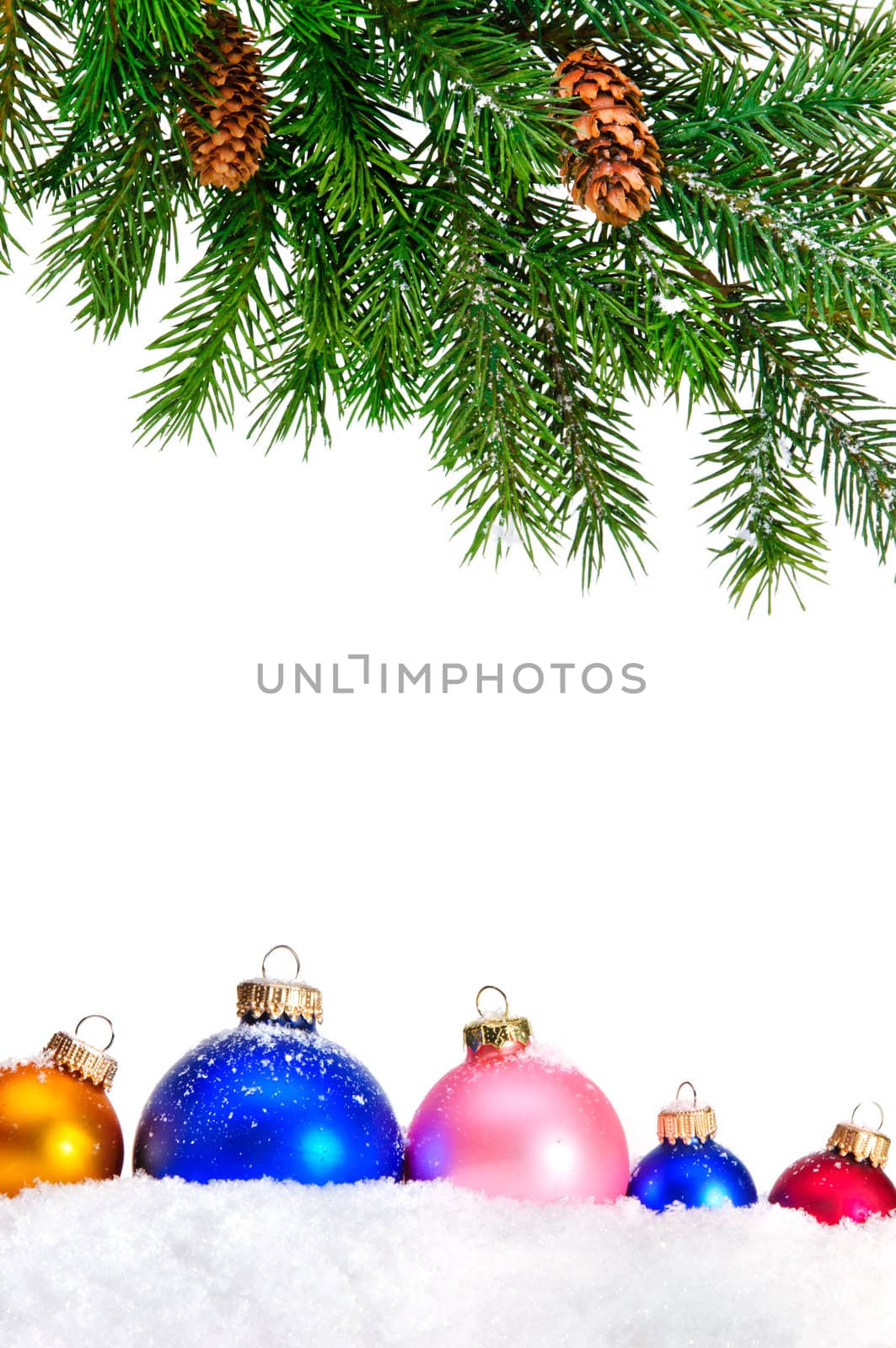 Decorative Christmas ornaments on the snow and Christmas tree. by lobzik