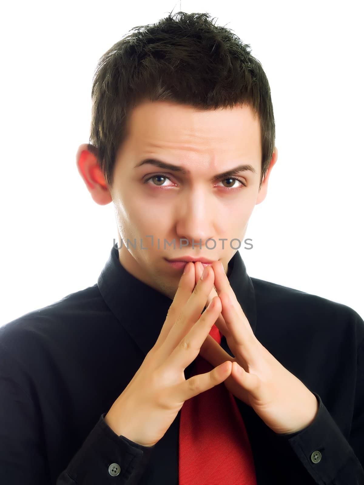Young businessman thinking  on a white background