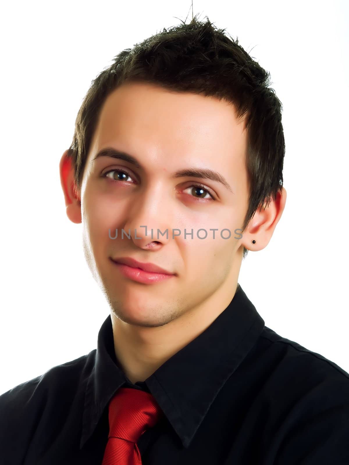 Young businessman smiling, on a white background