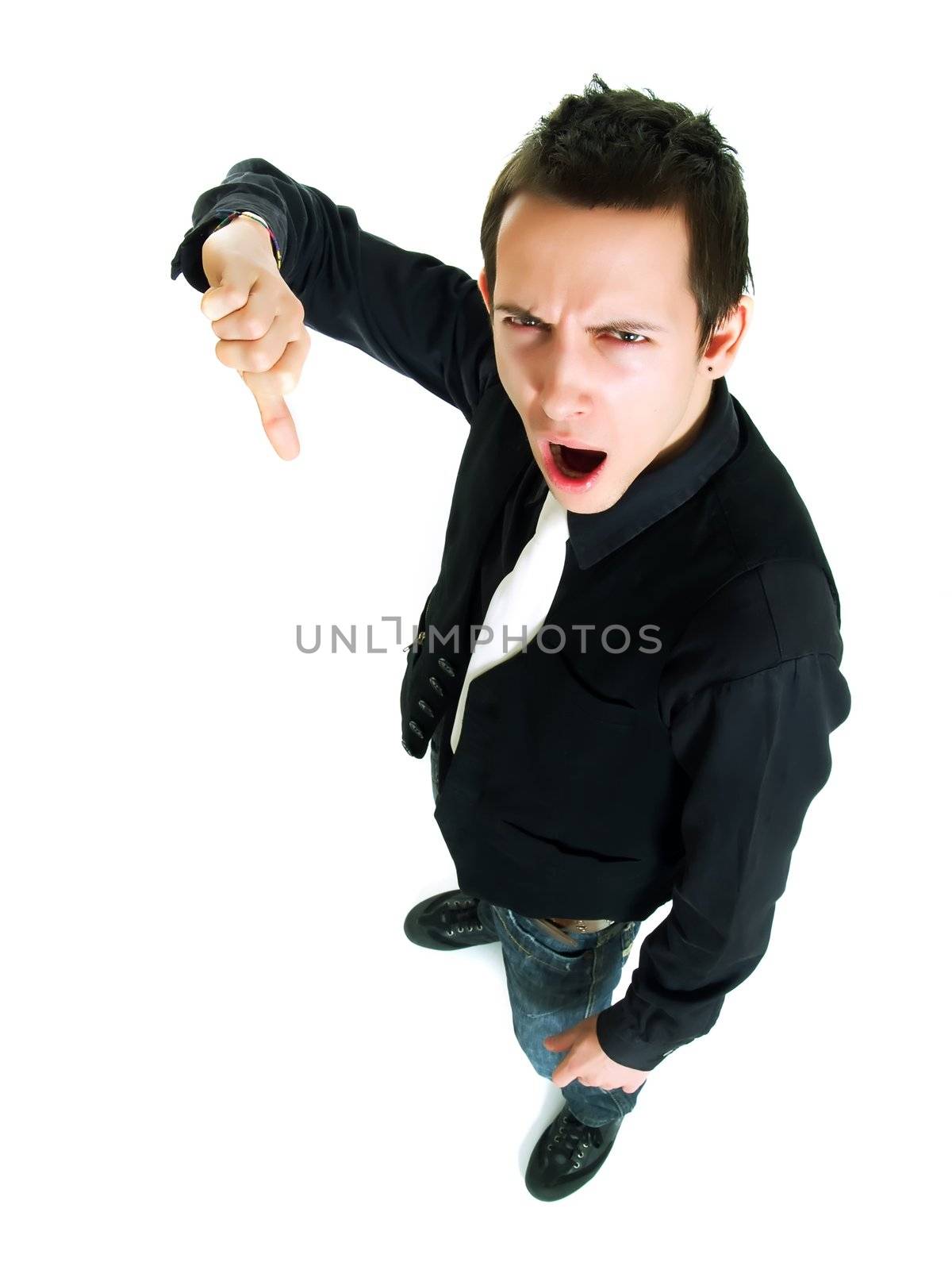 Angry young man with thumb down